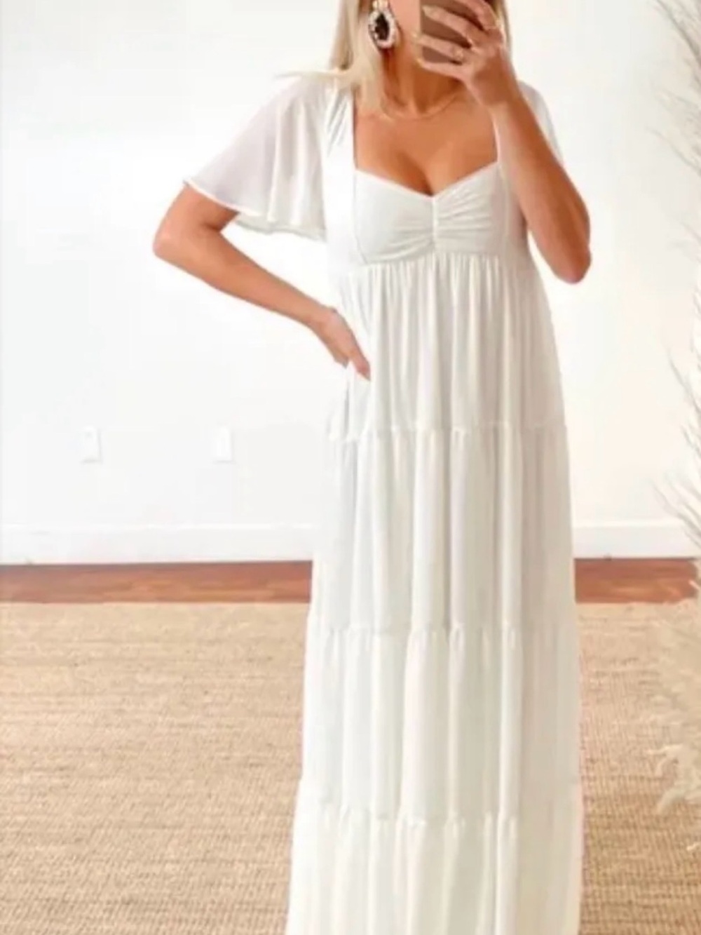 Flutter-Sleeve White Maxi Dress with Smocked Bodice